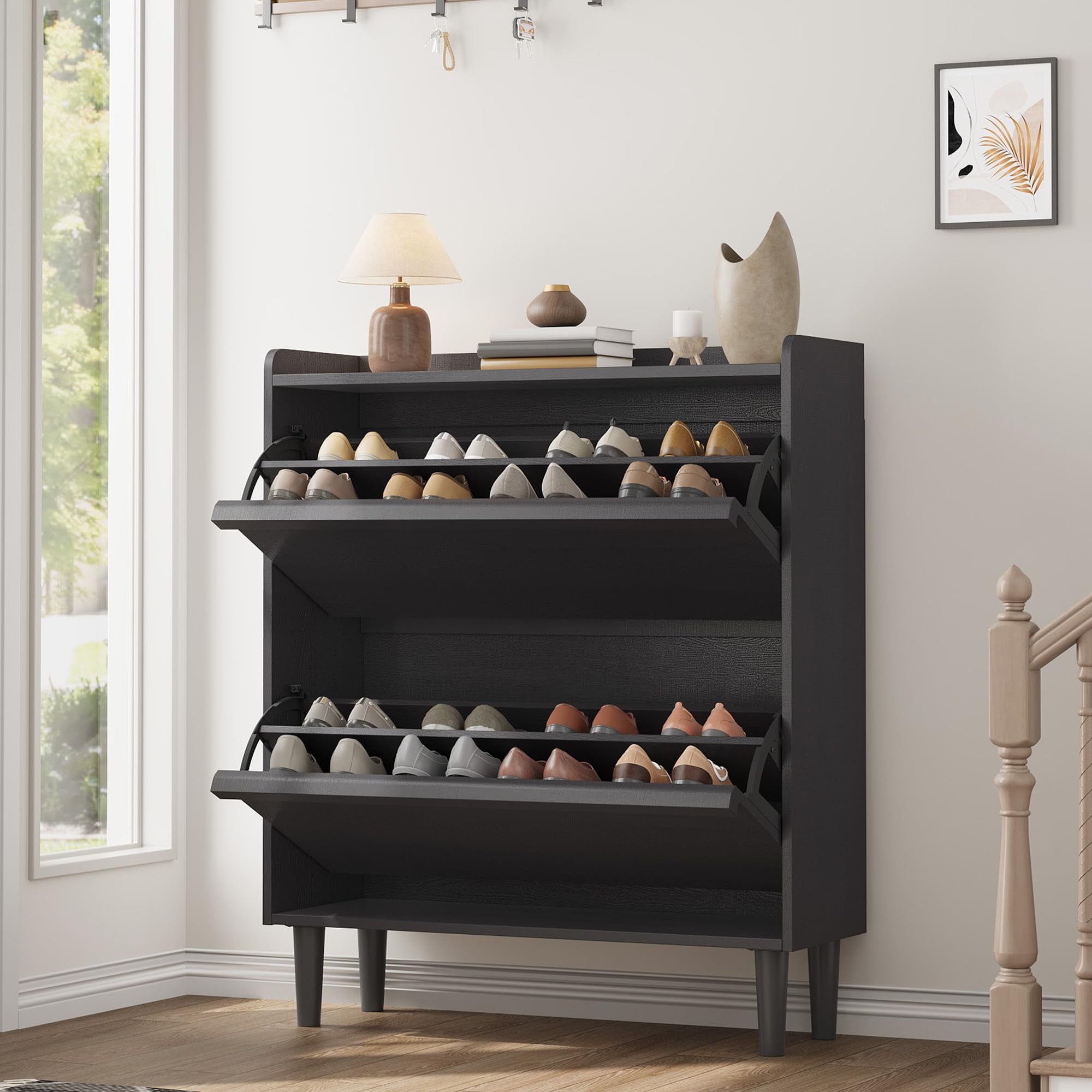 Alden Design 4 Tier Wooden Shoe Storage with Louvered Door, Black