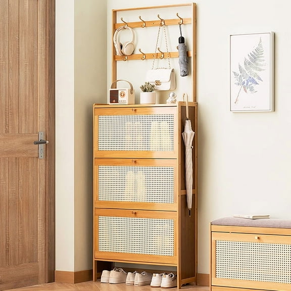 Shoe Cabinet with 3 Rattan Flip Drawers Bamboo Storage with Coat Hooks Natural Color Freestanding for Entryway Hallway Closet Living Room Organizer