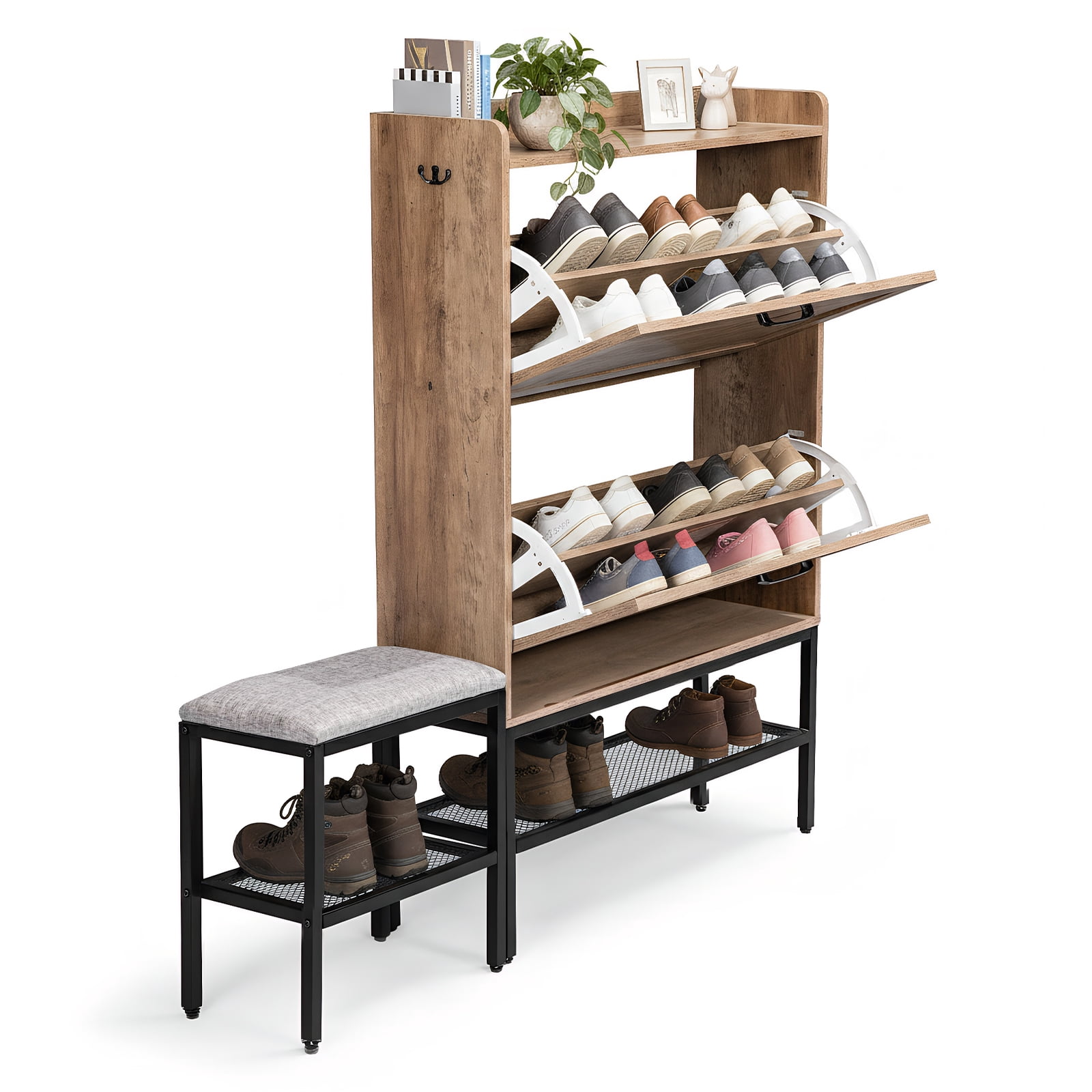 Shoe Cabinet with Barn Doors, Flip-Down Shoe Racks, Padded Bench & Side Hook, Slim 120×24×120cm Entryway Storage Organizer