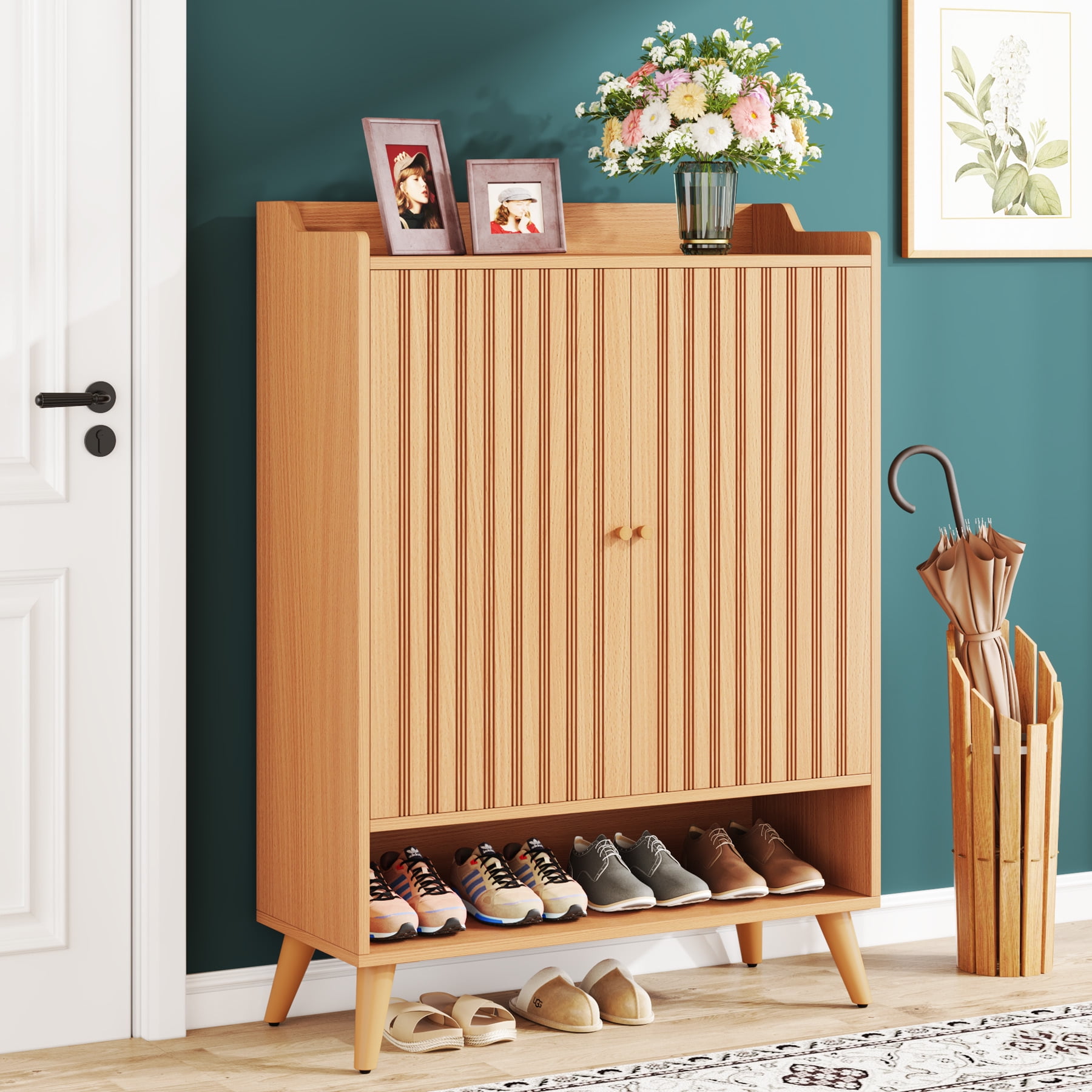 Tribesigns Shoe Cabinet with Doors 5 Tier Shoe Storage Cabinet with Adjustable Shelves Wooden Narrow Shoes Rack Shoe Storage Organizer for Entryway Hallway Closet Living Room Walmart
