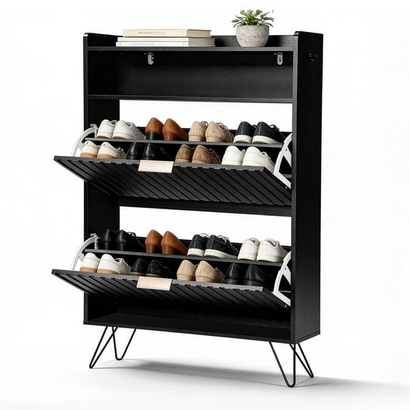 Shoe Cabinet with Flip Drawers, Fluted Shoe Cabinet with 2 Flip Drawers, Wood Shoe Organizer for Entryway, Black
