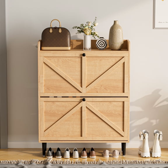 ANHDAH Shoe Cabinet with Flip Drawers, Freestanding Hidden Shoe Organizer for Entryway, Narrow Shoe Rack for Front Door Entrance (Natural Oak, 2-Tier)
