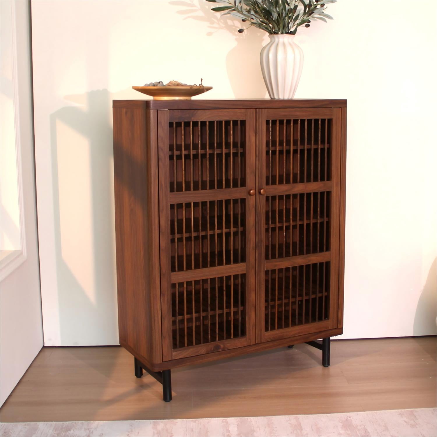 Shoe Cabinet with Shutter Doors, 6-Tier Entryway Storage Cabinet, Wooden Rack Organizer with Adjustable Shelves for Hallway, Closet, Walnut