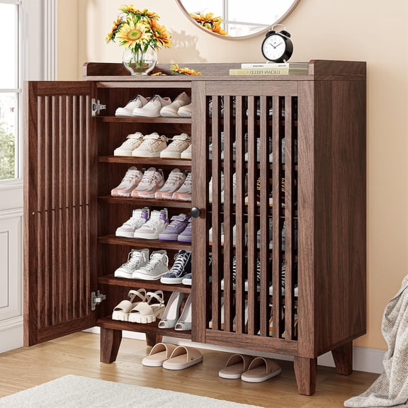 Shoe Cabinet with Slatted Doors, 6-Tier Storage Adjustable Shelves, Wooden Rack Organizer for Entryway, Hallway, Closet, Living Room, Walnut