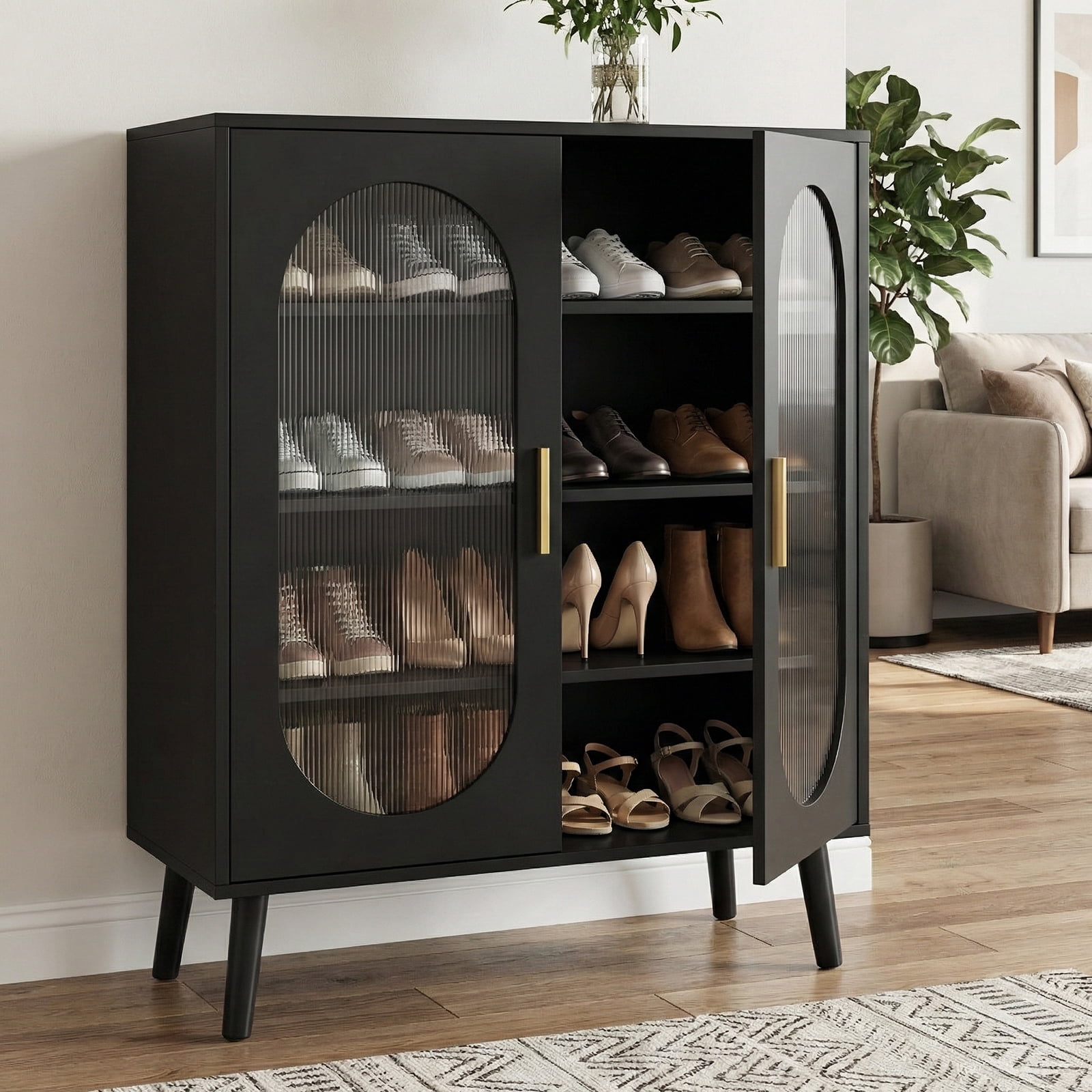 Shoe Cabinet with USB LED Light Strip 24-Key Remote Control Adjustable Shelves Translucent Polycarbonate Doors High Feet Entryway Storage Organizer