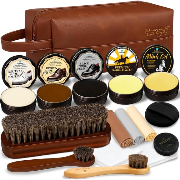 Shoe Care Kit 16-in-1 Leather Shoe Polish, Cleaning & Conditioning Kit with Saddle Soap & Mink Oil Black/Brown/Neutral Shoe Polish, 3 Horsehair Brushes Luxury Leather Bag Gift for Men & Women