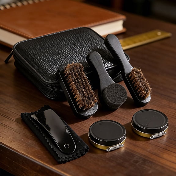 Shoe Care Kit, 7-Piece Shoe Cleaning Set With Black Shoe Polish And Clear Wax, Leather Care Tools, Portable Storage Case