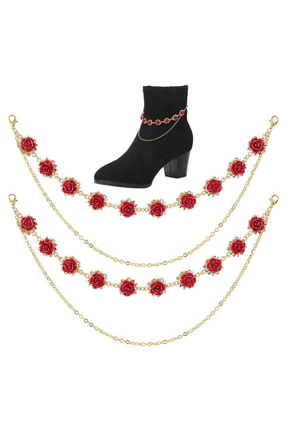Shoe Charms Chains Rose Flower Double Layered Shoe Chain Golden Decorative Shoes Chains with Lobster Claw Clasp Red