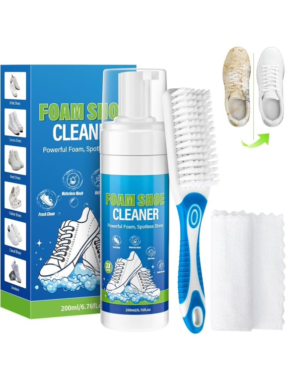Shoe Cleaner, 6.76 Oz White Shoe Cleaning Kit with Brush & Towel, Sneaker Cleaner Removes Dirt & Stain for Tennis Shoe, PU Leather