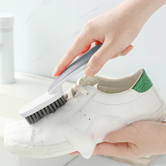Shoe Cleaning Brush Soft & Hard Bristles | Non-Scratch Plastic | Ergonomic Handle Nonslip Grip | White Yellow Orange Blue | 17x4.5cm | Multi-Surface Cleaner | Clothes Shoes Household | Hangable