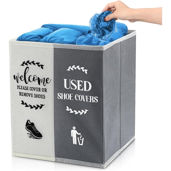 Shoe Cover Box Dispenser Foldable Storage Bin Holder with sed Covers and Welcome Please or Remove Sign for Open Hose Spplies(Beige, Gray)