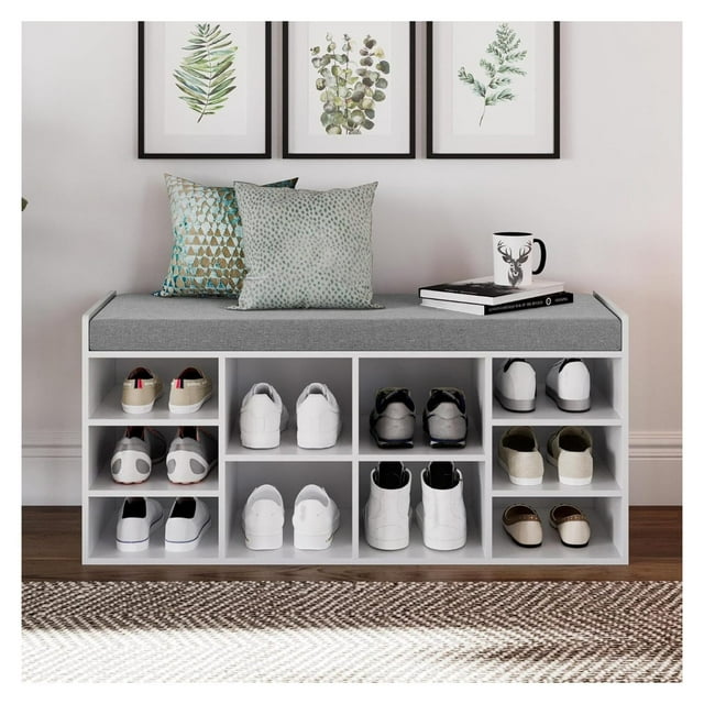 Shoe Cubby Bench with Seat, 10 Cubbies, Fits Up to Size 13 Men's Shoes