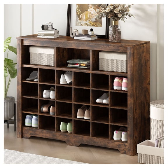 Shoe Cubby Console, 24 Pair Shoe Cabinet, Modern Sideboard - Rustic Brown