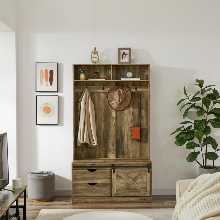 Shoe Cubby Wide Hall Tree With Bench and Coat Hooks Column Coat Rack with Storage Shoe Cabinet Multiple Functions Coat Rack with Hooks and Cabinets