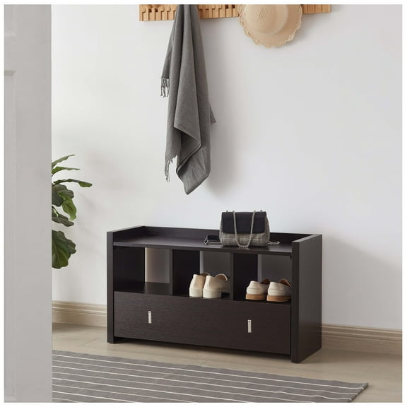 Shoe Entry with Drawer - Red Cocoa Shoe Organizer - Entryway Storage Bench with 3 Shelves & Drawer - Compact Shoe Rack for Hallway, Mudroom, Living Room Espresso + Particle Board
