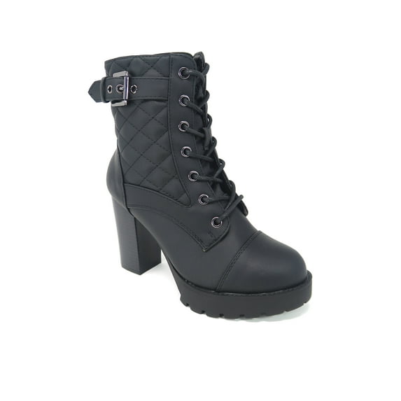 Shoe Fash Womens Quilted Lace Up Chunkly Heel Ankle Boots, Black, 7.5