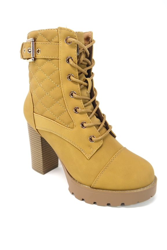 Womens Quilted Lace Up Chunkly Heel Ankle Boots, Camel, 10