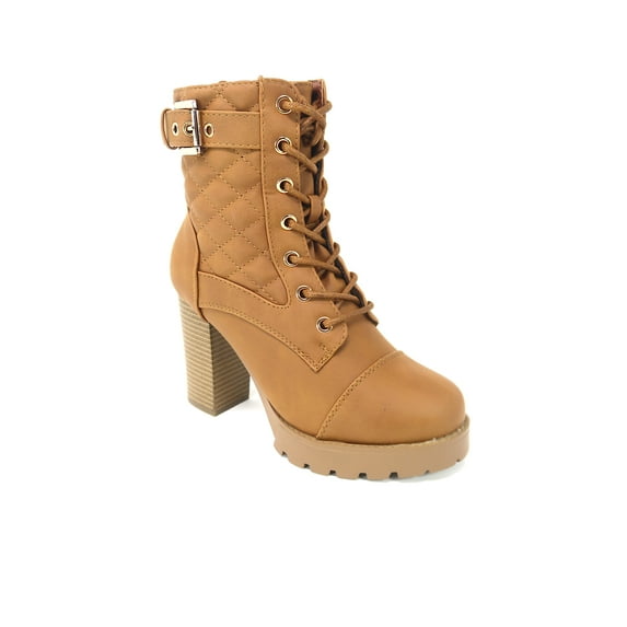 Shoe Fash Womens Quilted Lace Up Chunkly Heel Ankle Boots, Tan, 6