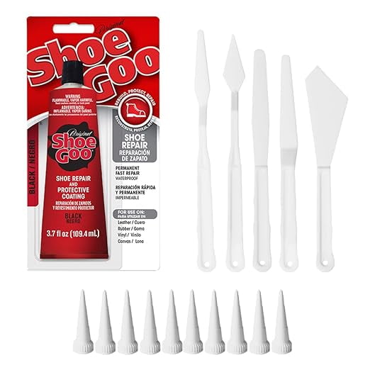 Shoe Goo Black Shoe Repair Adhesive Bundle Includes 10 Snip Tip Applicators and a Set of 5 Plastic Spreader Tools by 203Brands to Provide Optimal Spread on Any Given Angle or Surface