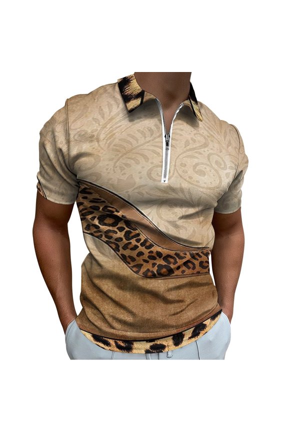 Shoe High Heels Leopard Print Men Zipper T-shirt Summer Casual Short Sleeve T-shirt Top