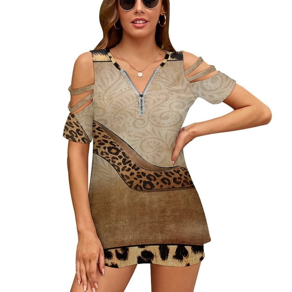 Shoe High Heels Leopard Print Womens Summer V Neck Zipper Top Short Sleeve T Shirt Off Shoulder Top Casual Classy Loose Shirts