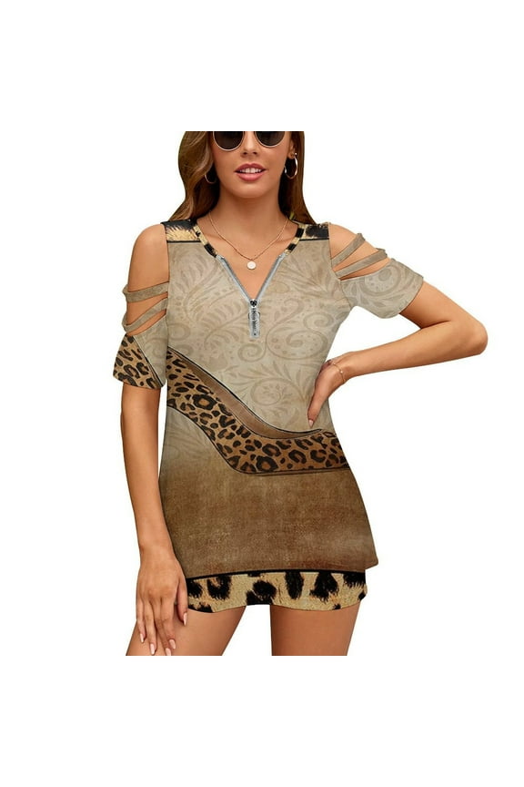 Shoe High Heels Leopard Print Womens Summer V Neck Zipper Top Short Sleeve T Shirt Off Shoulder Top Casual Classy Loose Shirts
