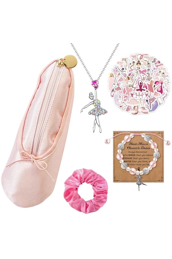 Shoe Makeup Bag Set - 6Pcs Ballet Dancing Girls Satin Cosmetic Pouch Dance Stickers Sparkly Pink Ballerina Bracelet Necklace with Card Hairband, Ballet Dancer Gifts for Dance Recital