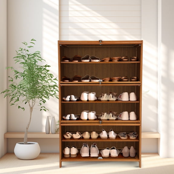 Shoe Organizer 6-Tier Storage Cabinet w/ 3 Flip-up Door 32" Entryway Bamboo