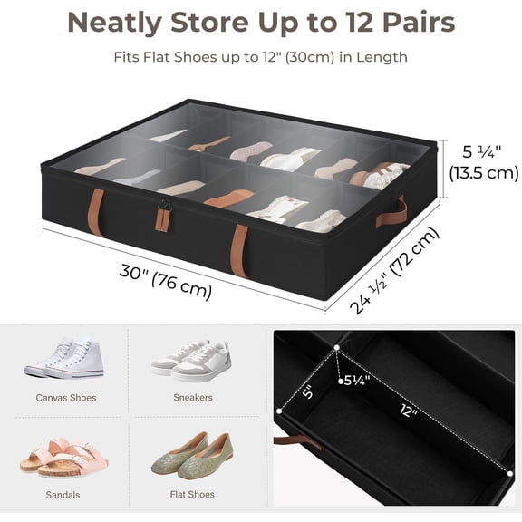 Shoe Organizer Under Bed for Closet, 2-Pack Ultra-thick Fabric Shoe Storage Containers with Bottom Support and Adjustable Dividers, Fits up to 24 Pairs, Black