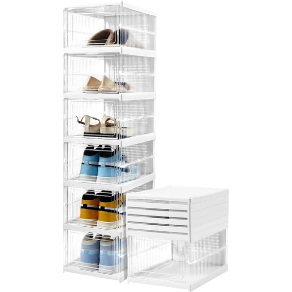 Shoe Organizer Box 6-Tier Foldable Shoe Rack,All-in-One Clear Sneaker ...