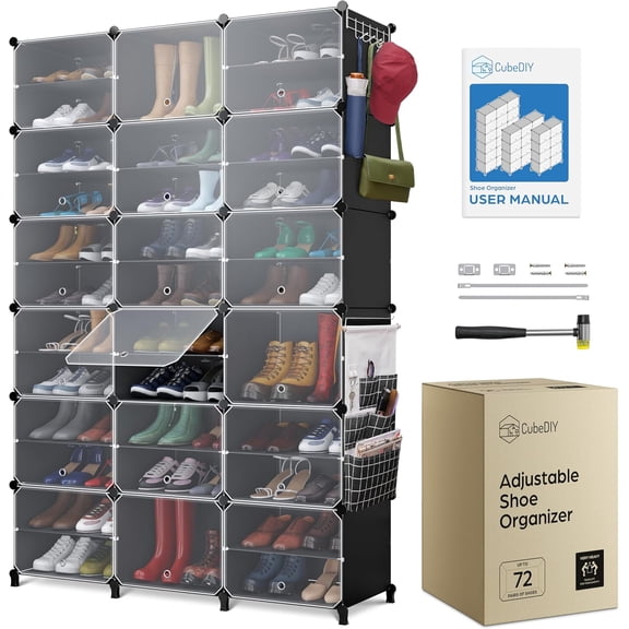 Shoe Organizer Cabinet Up to 72 Pairs, Shoe Closet-Covered Shoe Rack with See-Through Door (Clear, Plastic, Stackable) Cubby Portable Shoe Organizer with Covers, Hooks & Pockets, Black