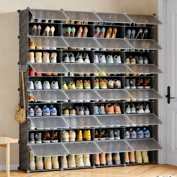 Shoe Organizer Cabinet 96 Pairs, Portable Detachable Shoe Rack with Transparent Doors, Large Capacity Storage for Home Garage, Black