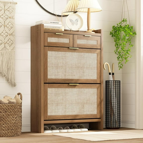 Shoe Organizer Cabinet Storage for Entryway - Slim Rattan Shoe Rack for Front Door Entrance, Narrow Hidden Shoe Cabinet with Flip Drawers, Boho Shoe Holder Cabinet，Two Doors, Oak