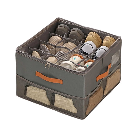 Shoe Organizer for Closet 16.9x16.9x12.2 Inches, Foldable Shoe Storage Box with Side Storage & Clear Cover, Space Saving Storage Cabinet for 8-16 Pairs, Reinforced Handles, Grey