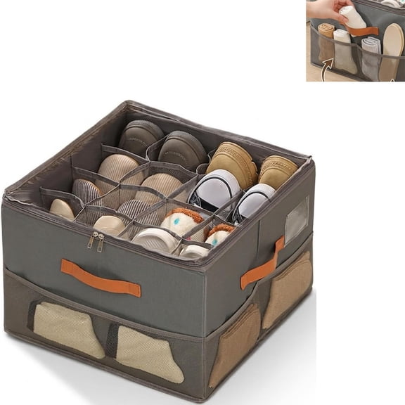 Shoe Organizer for Closet, 16-Grid Foldable Shoe Storage Box with Lid, 4-Side Mesh Pockets & Clear View Window, Stackable Fabric Shoe Organizer Fits 8 Pairs, 17×17×12 inches (Gray 1pc)