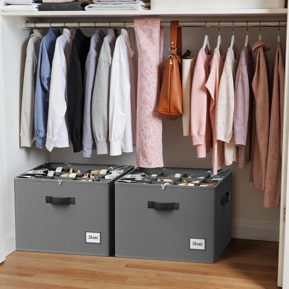 Shoe Organizer for Closet, 2 Pack Fabric Shoe Organizer Storage Box, Shoe Storage Containers with Clear Cover, Closet Shoe Storage for Boots Sandals Slippers,Fits 16-32 Pairs, Gray