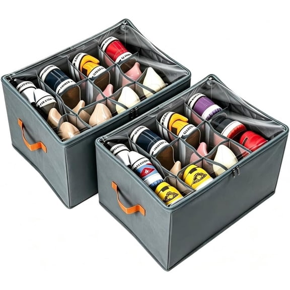 Shoe Organizer for Closet, 2 Pack Foldable Shoe Storage Containers, Fits up to 12-24 Pairs, Shoe Storage Organizer Box Cubby Baskets Bins with Clear Cover and Reinforced Handles, Black
