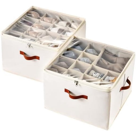 Shoe Organizer for Closet, 2 Pack Foldable Shoe Storage Containers, Fits up to 16-32 Pairs, Adjustable Dividers for Shoe Organizer, Fabric Shoe Storage Bins with Clear Cover, Beige