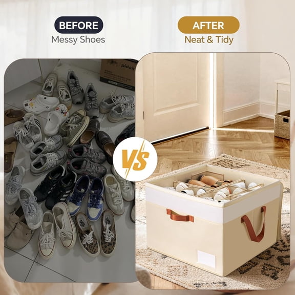 Shoe Organizer for Closet, 2 Pack Foldable Shoe Storage Organizer Box Bin with Adjustable Dividers and Clear Cover, Closet Shoe Storage for Sneakers Sandals Boots, Fit 16-32 Pairs, Beige
