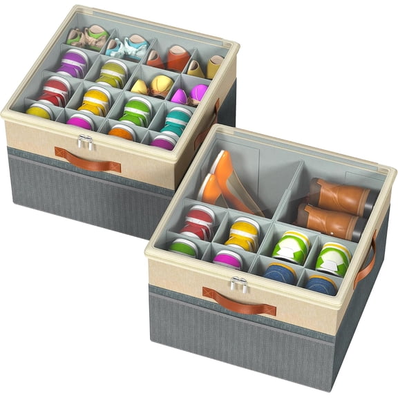 Shoe Organizer for Closet, 2 Pack Foldable Shoe Storage Organizer Box Bin with Adjustable Dividers and Clear Cover, Fits up to 16-32 PairsGrey&Beige