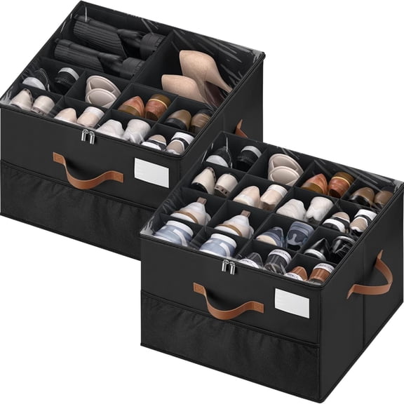 Shoe Organizer for Closet, 2 Pack Shoe Storage Containers with Adjustable Dividers, Space Saving Shoe Box Organizers Bins with Clear Lids & 4 Reinforced Handles, Fits 16-32 Pairs, Pure Black