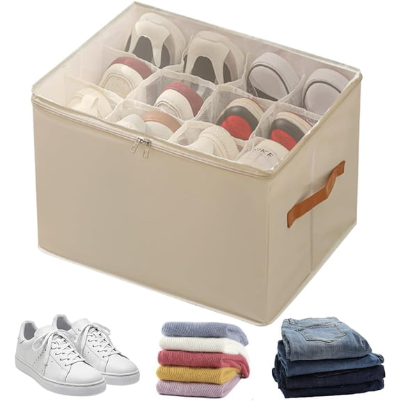 Shoe Organizer for Closet, 2026 Updated Shoe Cubby Storage Containers, Foldable Clear Shoe Storage Boxes with Handles, Fabric Shoe Organizer Bin for Sneakers Sandals Heels, Fits up to 6 Pairs (A)