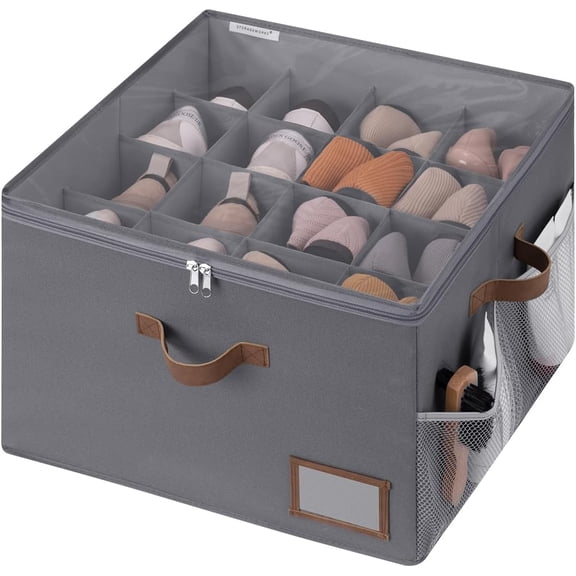 Shoe Organizer for Closet, Fabric Shoe Storage Boxes for Slippers and Sandals, Stackable Shoe Bins with Side Mesh Pockets, Holds Up to 16 Pairs, Grey, Space Saver