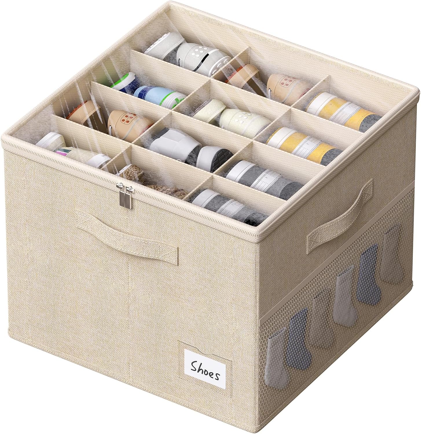 Shoe Organizer for Closet with Fabric Shoe Storage Bins Clear Cover, Adjustable Dividers, and