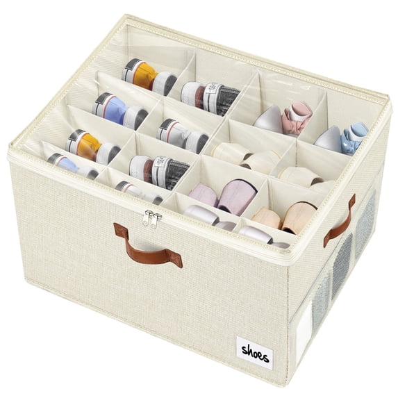 Shoe Organizer for Closet Fits 16 Pairs, Adjustable Dividers Shoe Storage Bins Boxes, Foldable Shoe Holder Cube Containers with Clear Cover for Large Shoes, High Heels,Sneaker,Slippers,Boots(Beige).