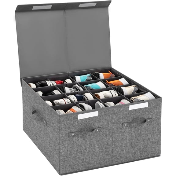 Shoe Organizer for Closet Fits 16 Pairs, Large Storage Box Bins Containers with Lid and Adjustable Dividers Shoes, Sneakers High Heeled, Hard Shell Stackable (Grey)