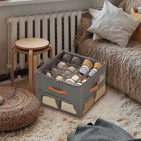 Shoe Organizer for Closet - Foldable Fabric Shoe Storage Box with Dividers, Dust-Proof Cover & Reinforced Handles, Space-Saving Shoe Cubby Organizer for High Heels, Sandals, Sneakers - Indoor Use