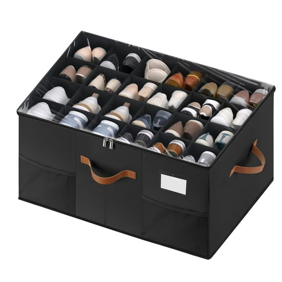 Shoe Organizer for Closet, Foldable Shoe Storage Bins with Clear Cover, Space Saving Shoes Holder with 4 Handles, Large Adjustable Shoe Box Storage Containers, Fits 12-24 Pairs, 1 Pack, Black