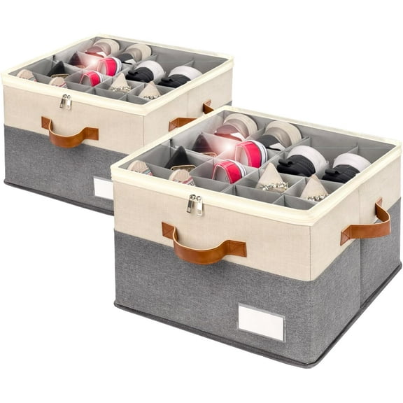 Shoe Organizer for Closet, Foldable Shoe Storage Bins with Clear Cover, Space Saving Shoes Holder with 4 Handles, Large Adjustable Shoe Box Storage Containers, Fits 8-16 Pairs, 2 Pack, Beige
