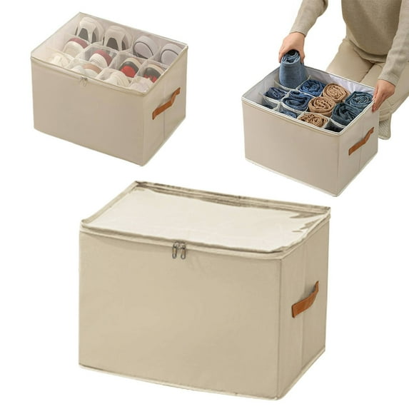 Shoe Organizer for Closet,Foldable Shoe Storage Containers,Fits up to 16 Pairs,Adjustable Dividers for Shoe Organizer,Fabric Shoe Storage Bins with Clear Cover(Beige,17*12.6*11.8Inch)